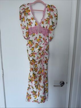 For Love & Lemons White Floral Midi Maxi Dress with Pink Lace Bodice & High Slit